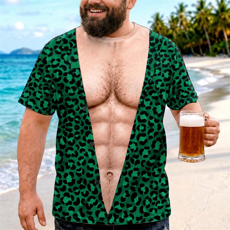 Novelty Funny Fake Abdomen Visual Print T Shirt Men 3d Print Leopard Pattern Short Sleeve Tee Casual Summer Seaside Party Tops