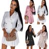 Women Dress Double-breasted Slim Fit Pleated Hem Turn-down Collar Long Sleeves V Neck Formal