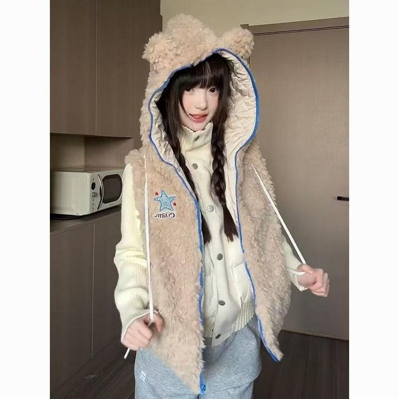 [] Winter new women's padded hooded bear ears vest vest plush vest jacket