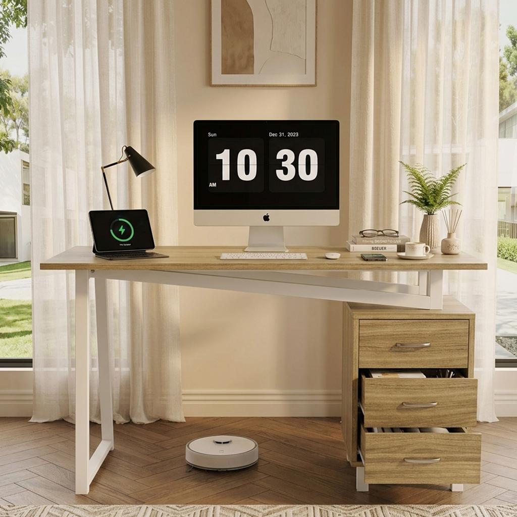 130*55*75cm, Spacious Desk with Storage, High-Density MDF Material, Drawer Slides, Triangular Braces, Easy to Assemble and Clean, Natural Wood + White