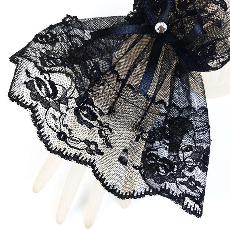 Women Black Lace Wrist Cuffs Bracelets Wedding Rhinestone Bow Fingerless Gloves KTY