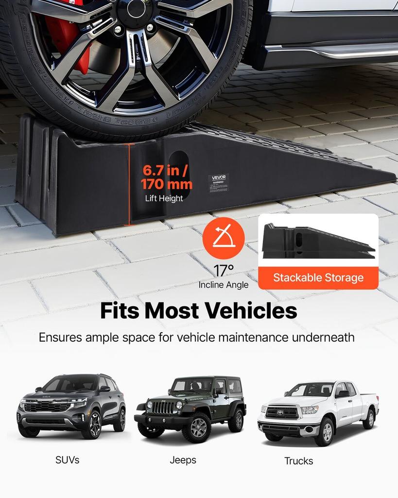 Car Ramps, 2 PCS 7257 kg GVW Capacity, 170 mm Lift Height, Portable High Profile Car Service Ramps for Home Garage Maintenance and Oil Changes, Heavy
