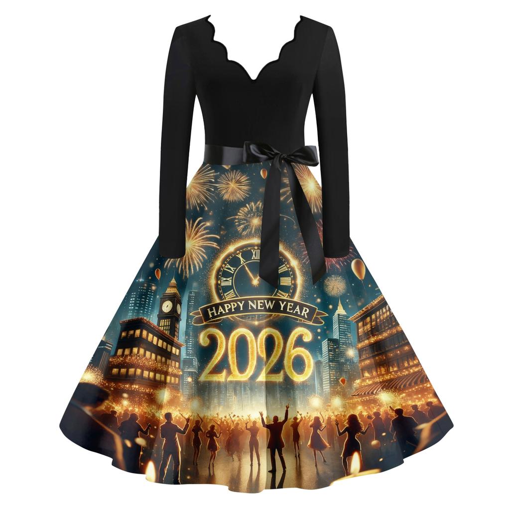Женское повседневное модное платье винтажного стиля с V-образным вырезом и новогодним принтом