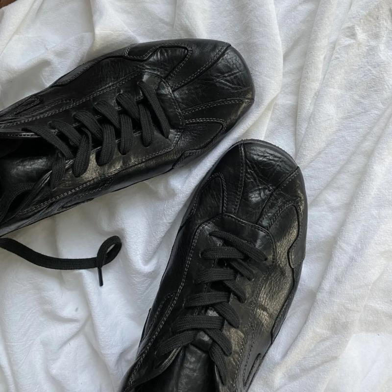 Вымытая Ручная Работа Коровья Кожа Немецкие Тренировочные Туфли Женские Ретро Старые На шнуровке На плоской подошве Одинарные Туфли