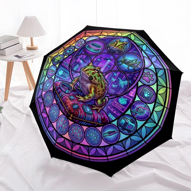Futuristic Frog Kingdom pattern umbrella, portable and foldable design, 8 ribs, a casual accessory for Halloween, Christmas, and birthday gifts.