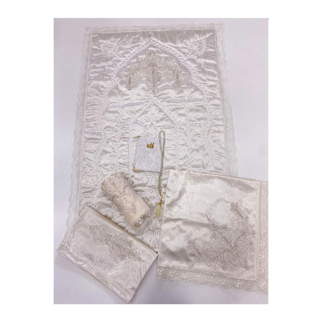6 Piece Prayer Rug Set, Dowry Bundle Boxed, Velvet Laced Bride And Groom Set