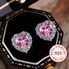 Real S925 Sterling Silver Aqua Blue Green Red Pink Heart Zircon Stud Earrings for Women Fashion Wedding Jewelry