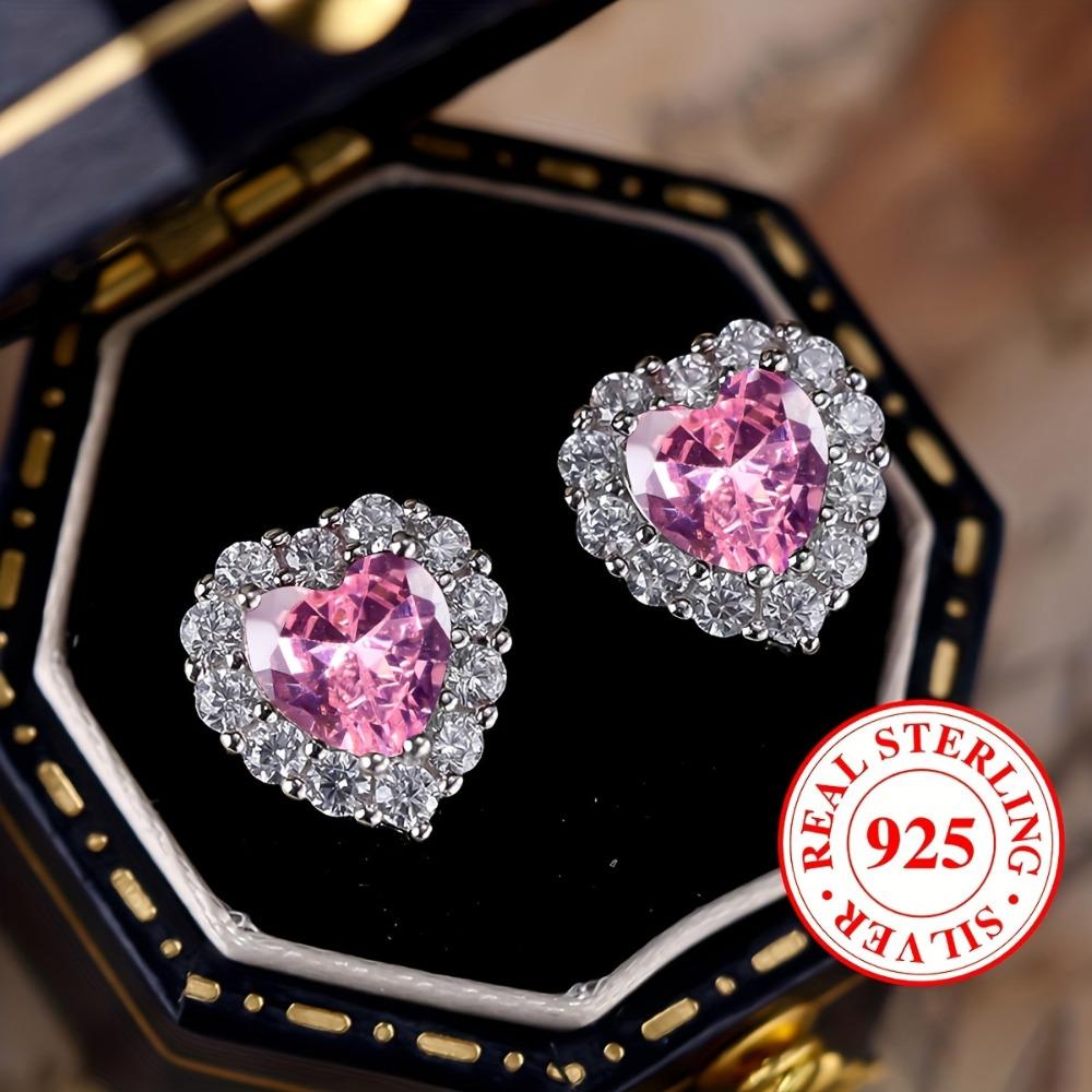 Real S925 Sterling Silver Aqua Blue Green Red Pink Heart Zircon Stud Earrings for Women Fashion Wedding Jewelry
