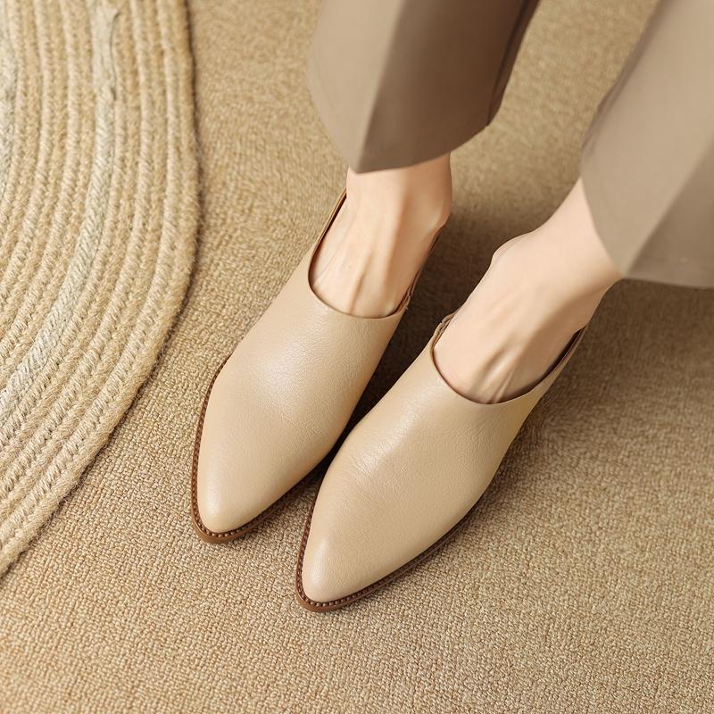 2024 Летняя женская обувь из натуральной кожи, женские сандалии с острым носком, однотонные современные сандалии для женщин, женские мюли на толстом каблуке