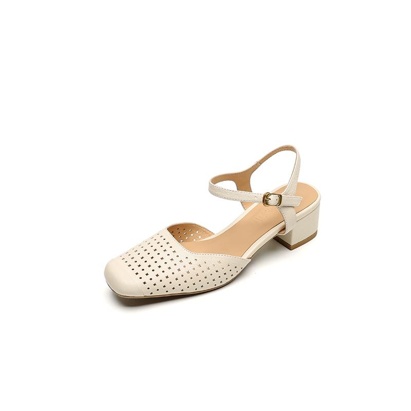 Мода 2025 Новые Базовые Средние Каблуки Женские Сандалии Квадратный Носок Ремешок с Пряжкой Слингбэки Туфли Зрелая Натуральная Кожа Перфорированные Туфли Женские