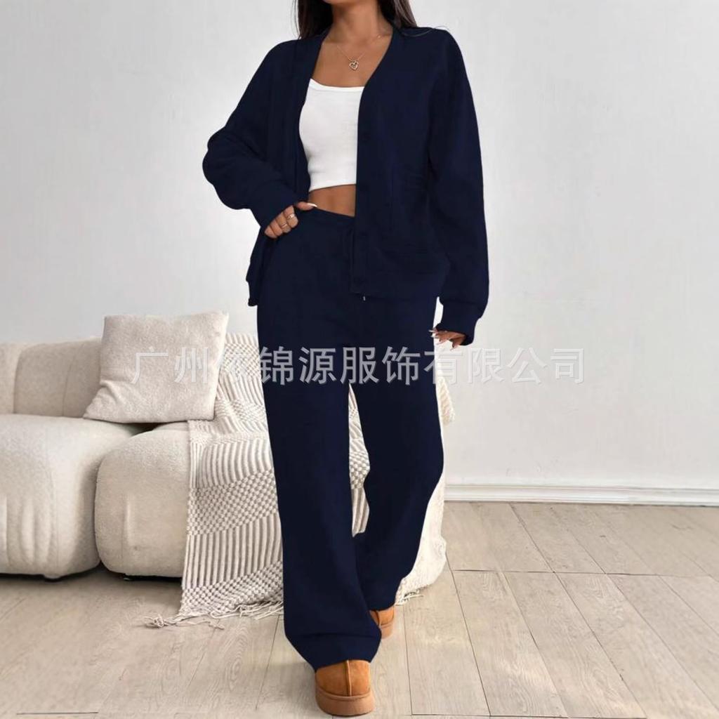 Women's Grey Button Front Knit Cardigan with Wide Leg Lounge Pants Set