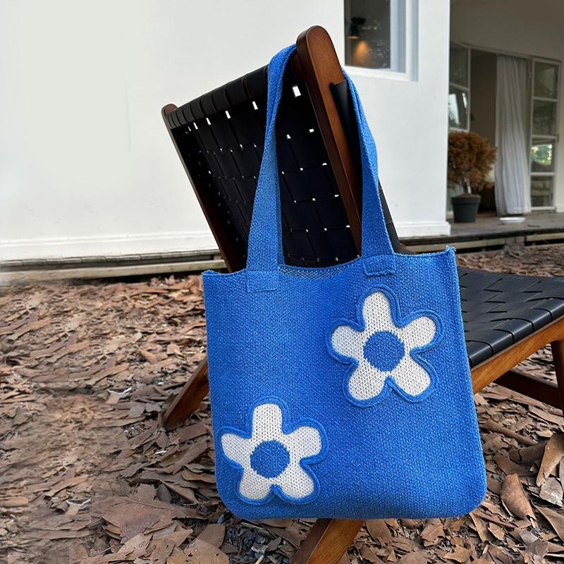Knitting Woolen Flower Decor Tote Bag Women Crochet Fashion Open Shopper Top-handle Bag Female Daily Large Capacity Handbag