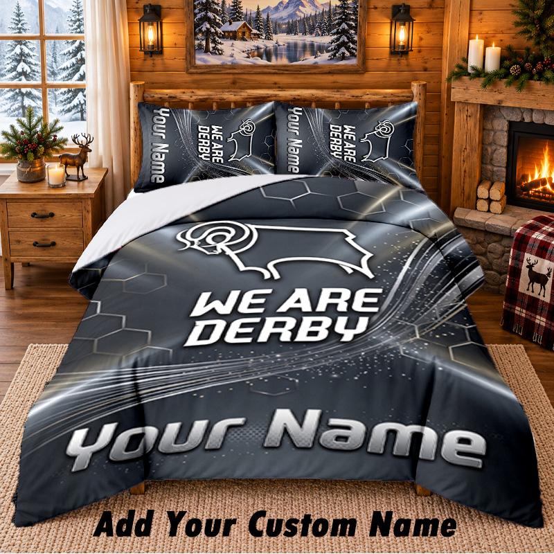 Derby County Pattern Bedding 3Pcs Set Custom Name, Bed Sheet And Pillowcases For Home Bedroom