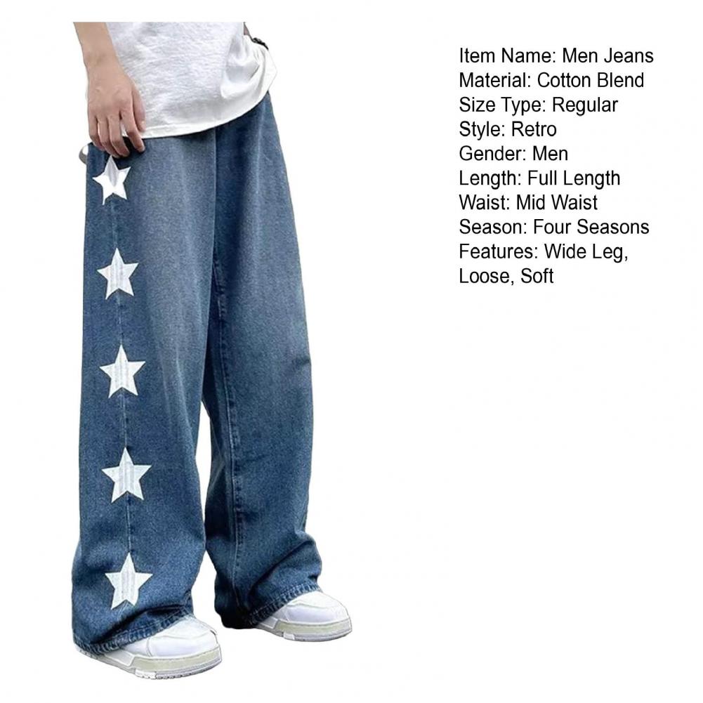 Men Jeans Wide Leg Straight Loose Star Print Full Length Solid Color Pockets Button Zipper Closure Soft Retro Streetwear Men Lon