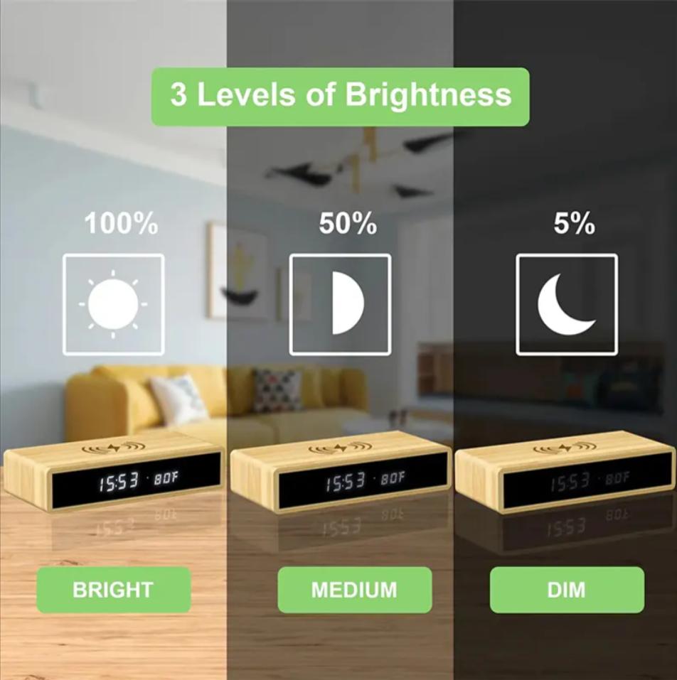 2026 Hot Product Bamboo Digital Wireless Charging with Alarm Clock Bamboo Digital Alarm Clock Wireless Charging