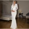 White Satin Evening Dress Formal Sheath Floor Length Sexy V-Neck Sweep Train Pleats Long Sleeves Pleats Special Occasion Gowns