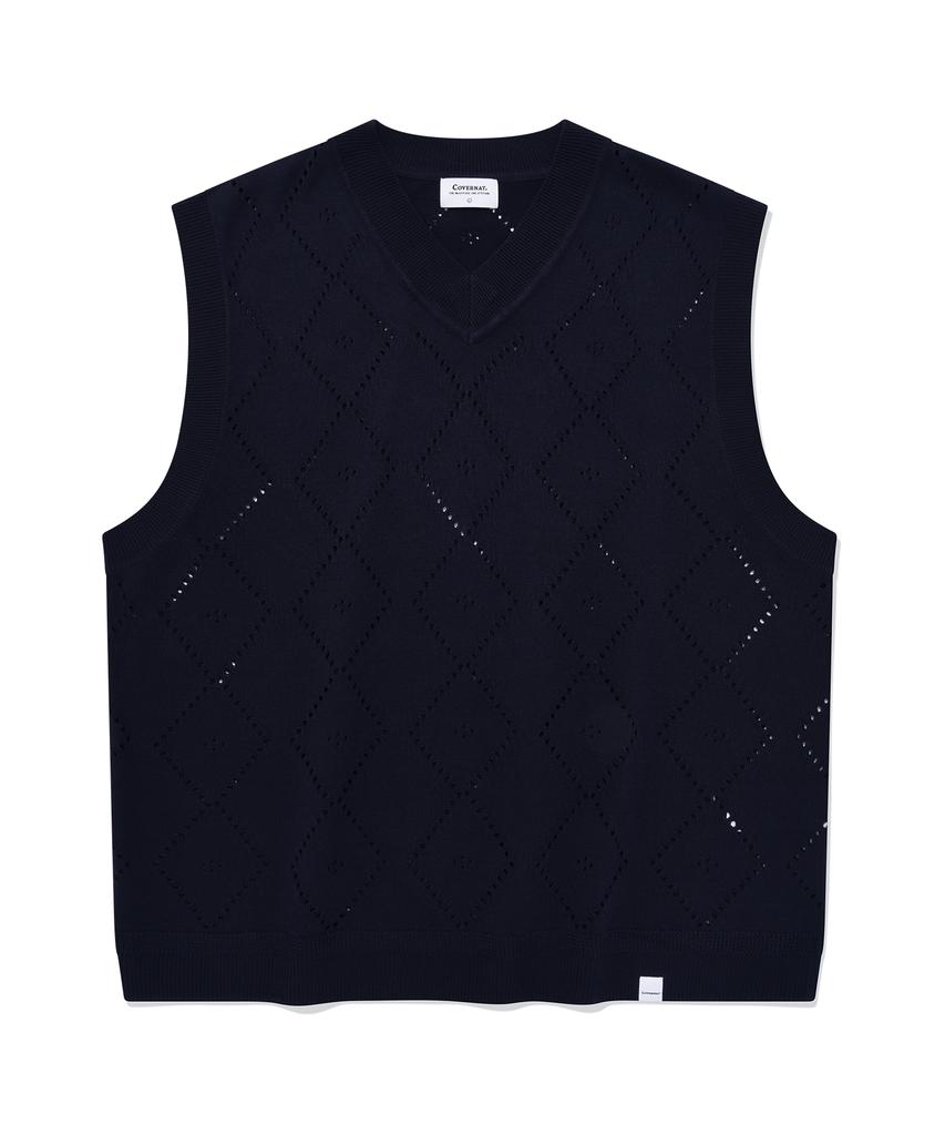 COVERNAT Argyle Scallop Knit Vest Navy