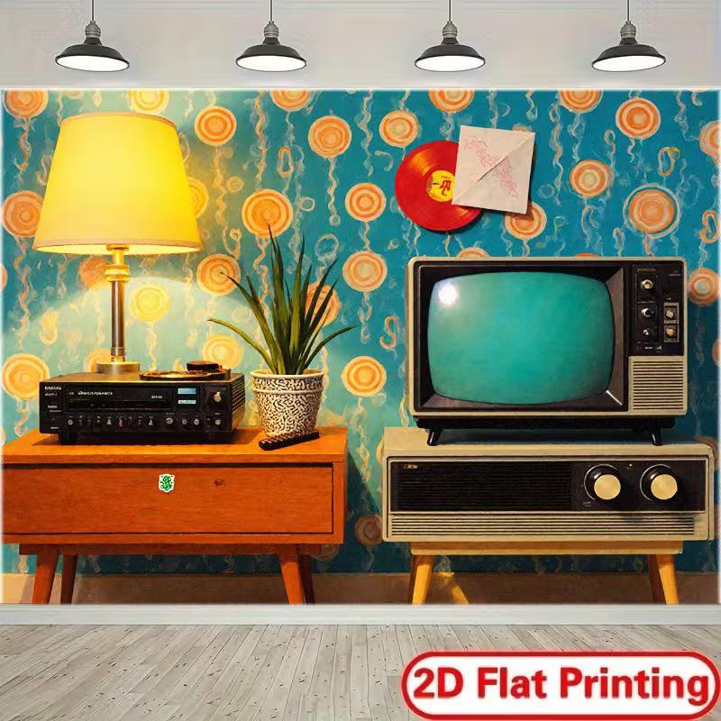 2D Retro Living Room Tapestry for Bedroom, Vintage TV, Turntable and Mid-Century Decor