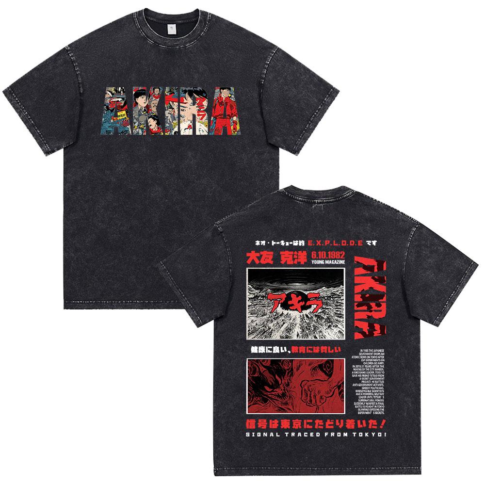 Akira Anime Tshirt Men Vintage Washed Black Oversized Streetwear Cotton Short Sleeve Graphic Tees Unisex Tops