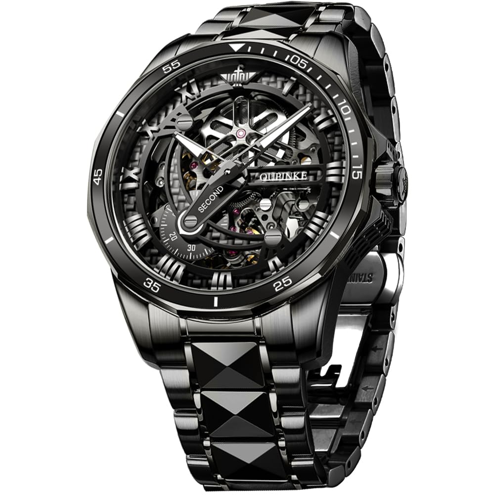 Skeleton Mechanical Automatic Luxury Watch Skeleton 50M Water Resistant Sapphire Glass Tungsten Band Luminous Black Watch for Men Men's Men's