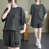 Women's Fashionable European Style Short-Sleeved Two-Piece Suits with Pockets, Plus-Size, Slimming Shorts, Casual Design.