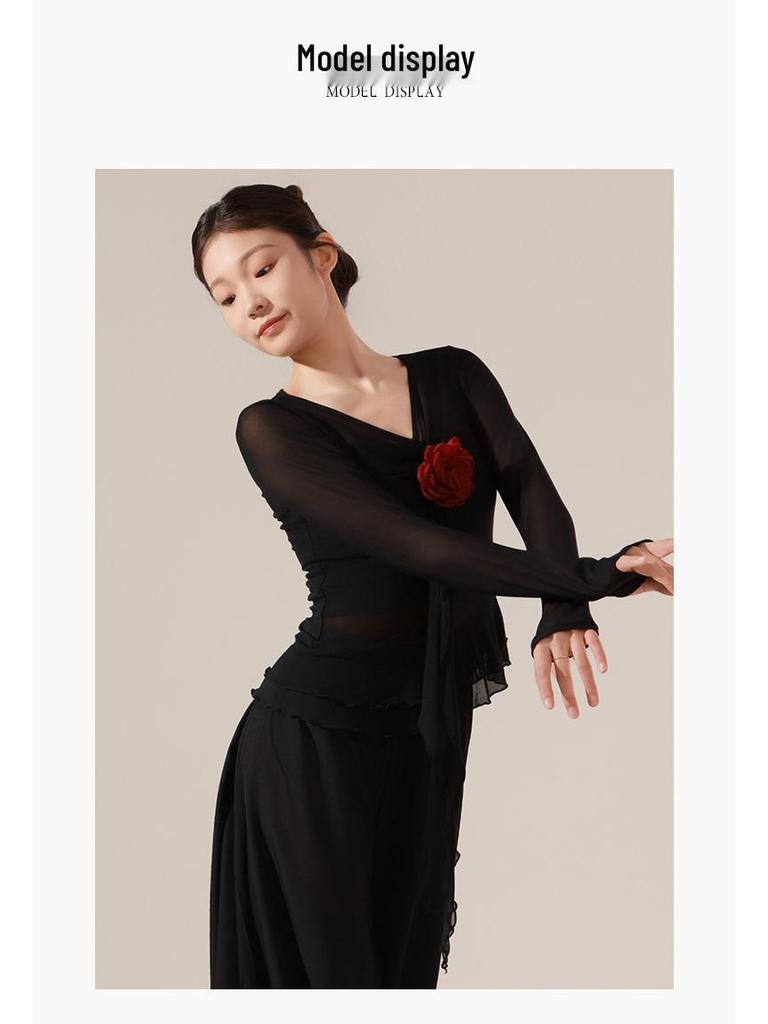 Женский эластичный танцевальный костюм с длинным рукавом и цветочным принтом - Облегающий современный топ для выступлений