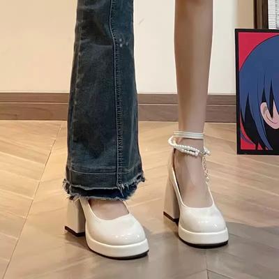 Туфли на высоком каблуке для женщин, модные туфли на толстом каблуке с жемчужной пряжкой на щиколотке, туфли для свадебной вечеринки из лакированной кожи на платформе, туфли Мэри Джейн для женщин