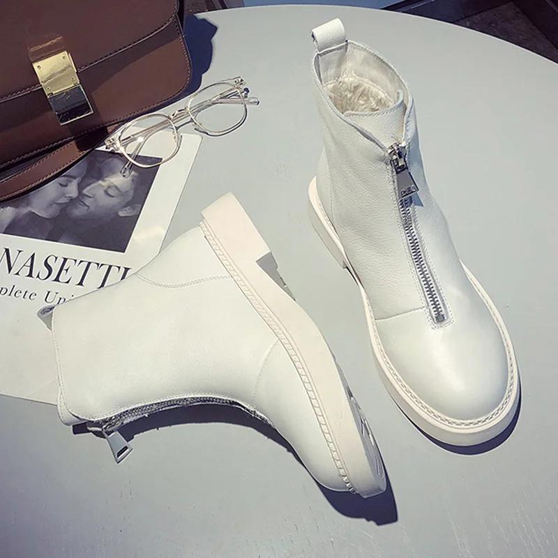 Женские ботинки из натуральной кожи, зимняя бархатная женская обувь, модные женские дышащие ботинки из воловьей кожи, легкие белые ботинки на молнии спереди