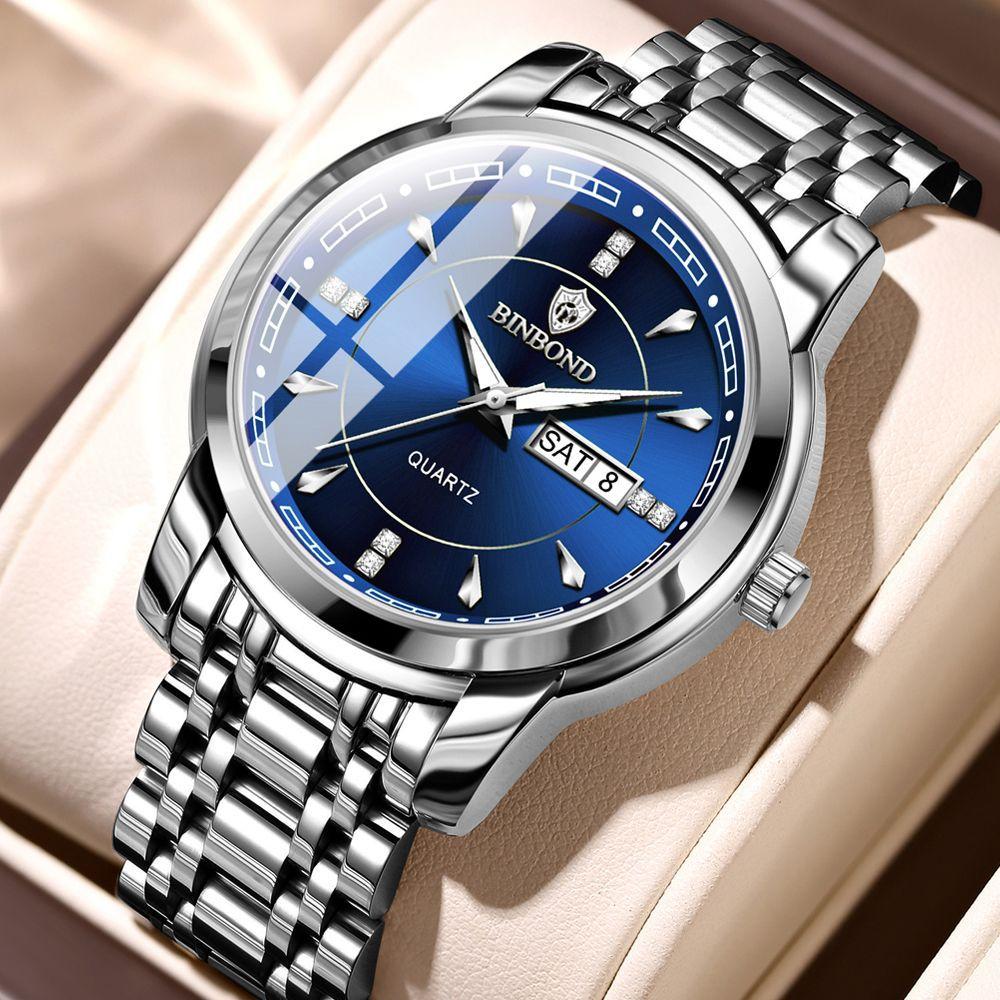 Мужские часы, модные золотые кварцевые часы для мужчин, нержавеющая сталь, водонепроницаемые, светящиеся наручные часы, дата, неделя