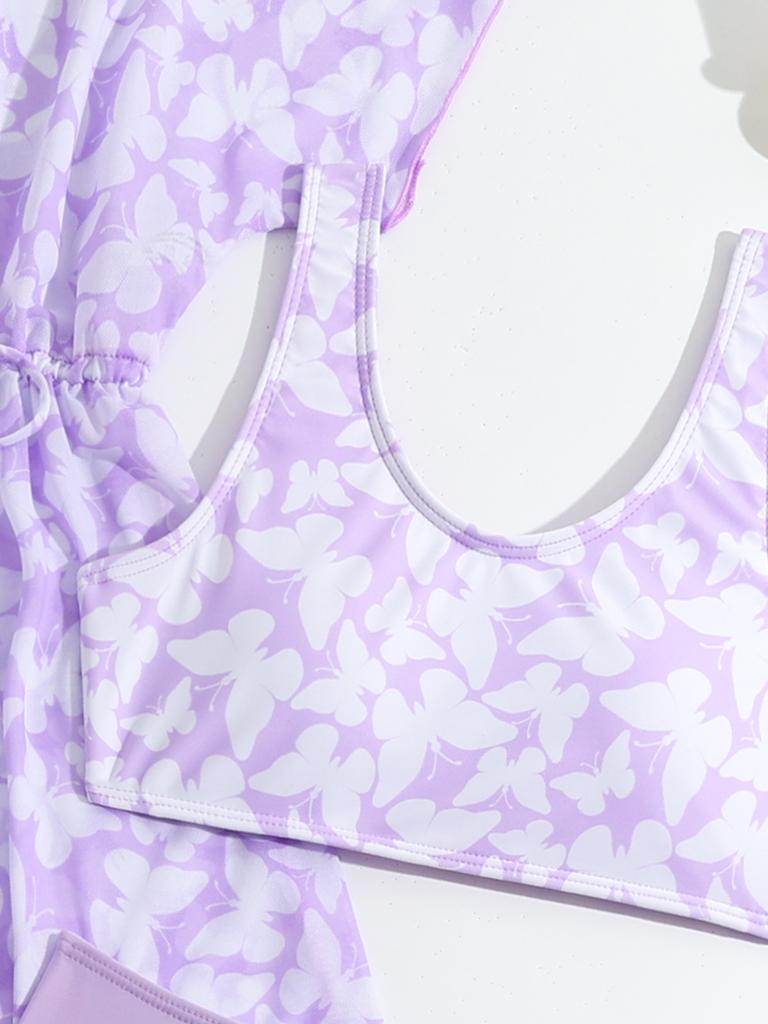 Модный комплект из 3 предметов для девочек, купальный костюм с принтом, топ с короткими рукавами, прикрытый купальник, купальный костюм