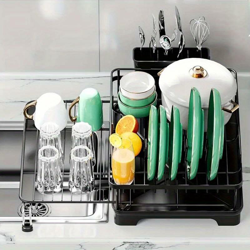 1 шт. Расширяемая сушилка для посуды, одноуровневая сушилка для посуды на столешницу с поддоном для сушки и держателем для посуды, для кухонных столешниц, кухонный органайзер