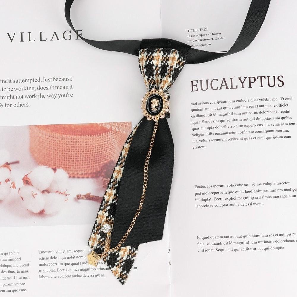 Oval Plaid Bow Tie Rhinestone Chain Decorative Neck Tie Preppy Necktie British Academy Style