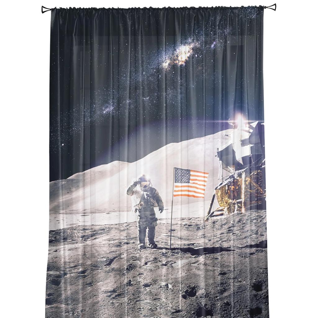Астронавт, космос, луна, тюлевые шторы для гостиной, спальни, кухни, украшения, шифоновая прозрачная вуаль, оконные шторы, индивидуальная драпировка