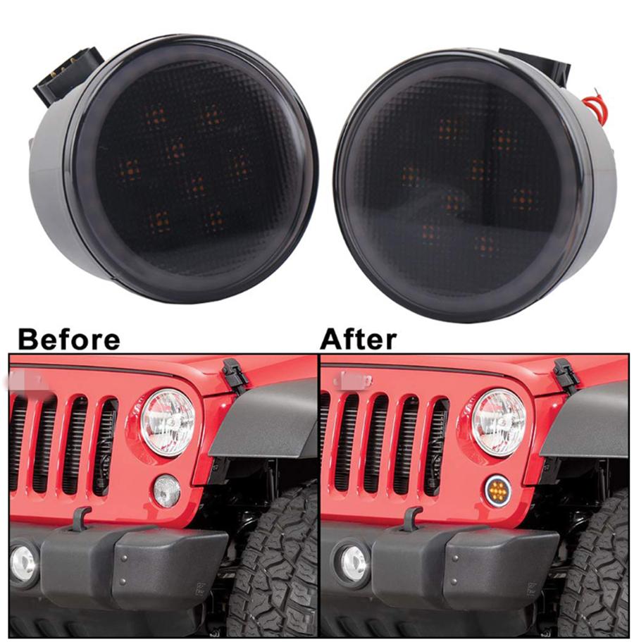 Pair LED Amber Grill Turn Signal Light for Jeep Wrangler JK 07-18 Halo Ring Angel Eye DRL Smoke Lens