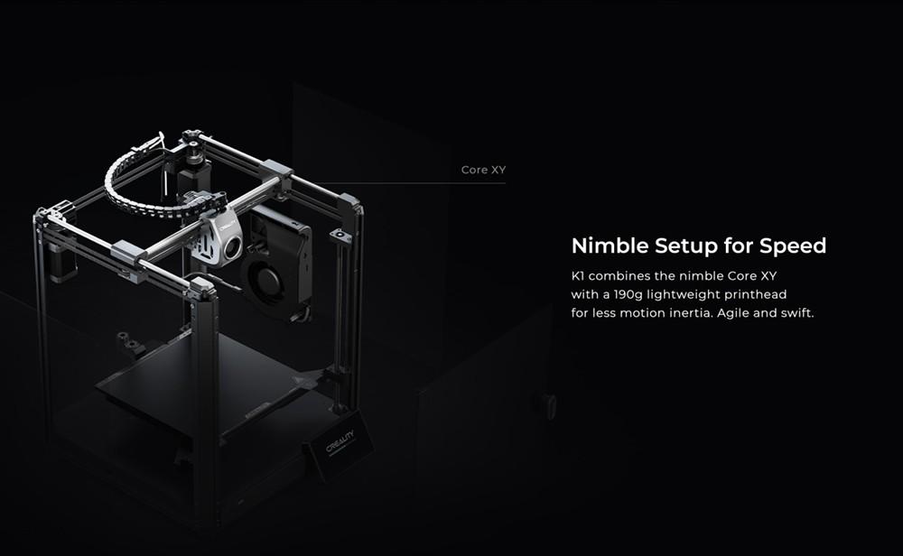 3D-принтер Creality K1, автоматическое выравнивание, максимальный расход 32 мм³/с, максимальная скорость 600 мм/с, ускорение 20000 мм/с², цельная рама