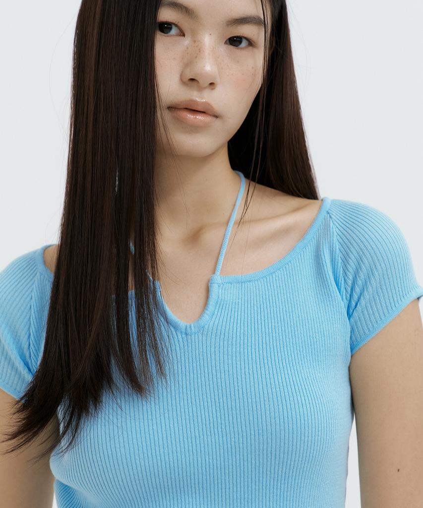 LUCIR ZU Strap Neck Ribbed Knit Top (Sky Blue)