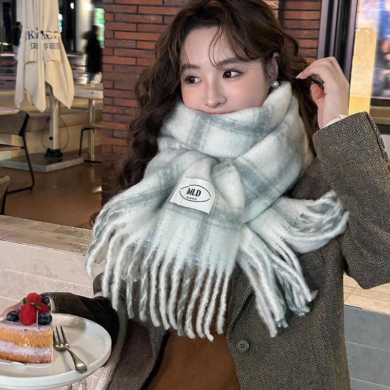 Women's Wool Plaid Scarf Winter Thickened Versatile Shawl Plush Scarf