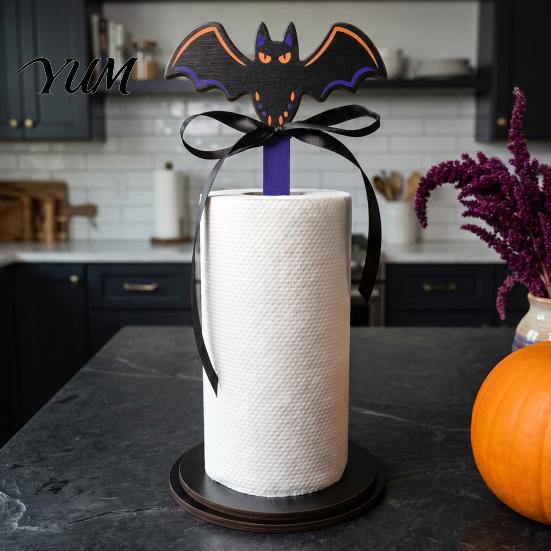 Wooden Kitchen Roll Stand Halloween Paper Towel Holder, Ghost/Pumpkin/Witch's Hat/Bat Decor, Vertical Holder Durable Wood Standing Reel for Countertop
