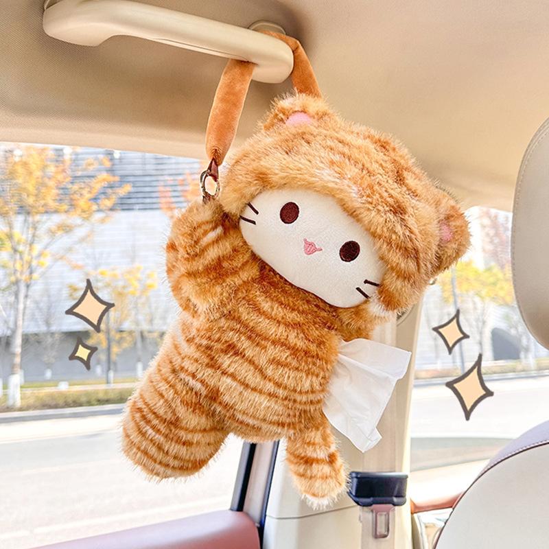 Creative car tissue box cute cat hanging car seat back tissue hanging bag plush doll car carton