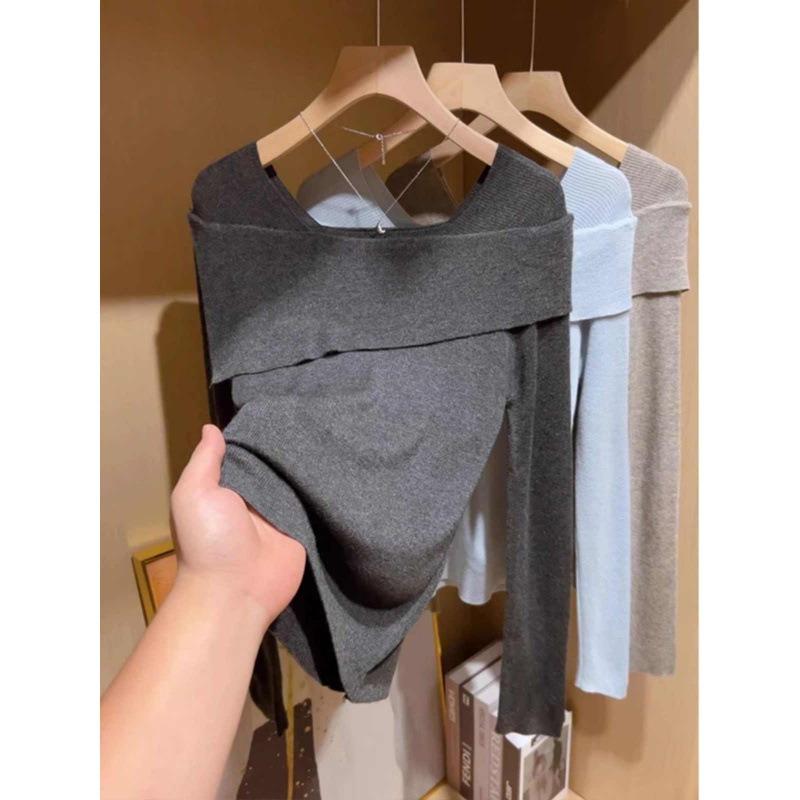 One-word Shoulder Long-sleeved Knitted Bottoming Shirt for Women's Early Autumn Inner Wear Atmosphere Sweater, Thin Waist Top