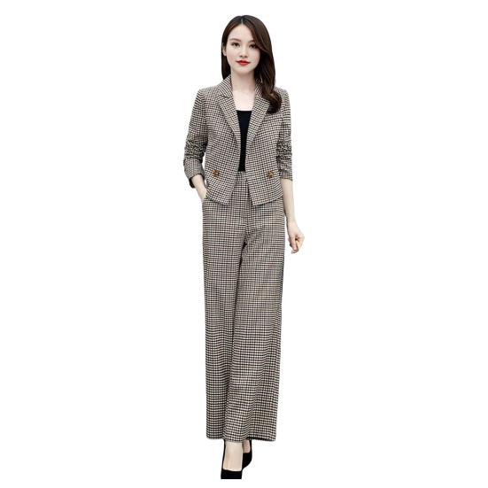 2 Pcs/Set Women Coat Pants Set Lapel Buttons Cardigan Plaid Print Long Sleeve Jacket Wide Leg High Waist Straight Trousers Lady Formal Commute Outfit