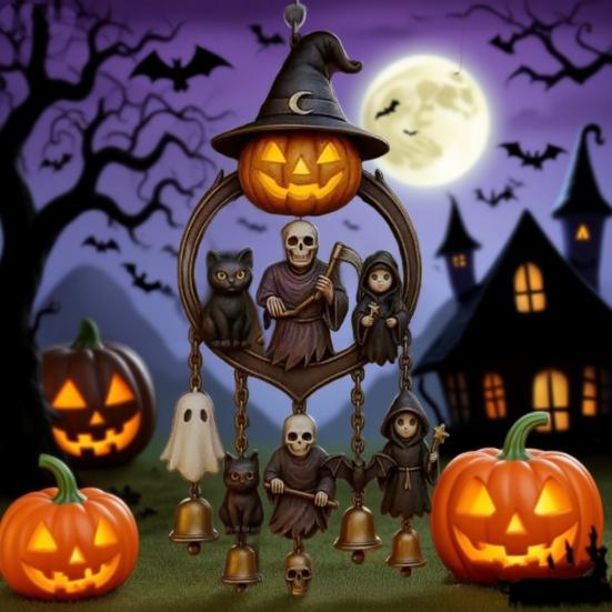 Хэллоуин Готический Колокольчик Ветра Жуткий Звон Колокольчика с Тыквенным Фонарем Мрачный Жнец Призрак Черный Кот для Веранды Окна Домашнего Декора