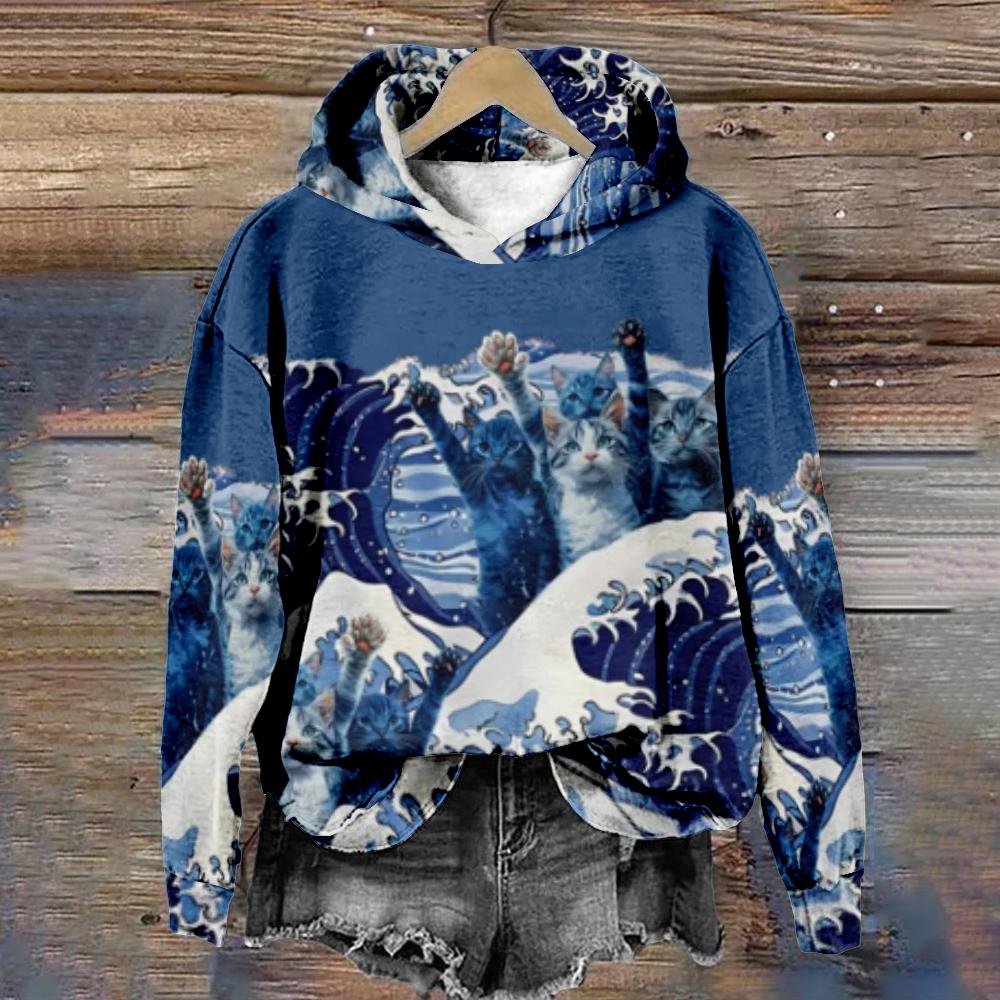 Толстовка с капюшоном Kawaii Cat для женщин Kanagawa Surf and Cat Harajuku с длинным рукавом, повседневная