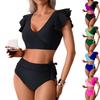 Solid Bathing Suits Summer Swimming Plus Size Women Sexy Split High Waist Bikini Deep V-Neck Bikini Swimsuit Two Piece Set