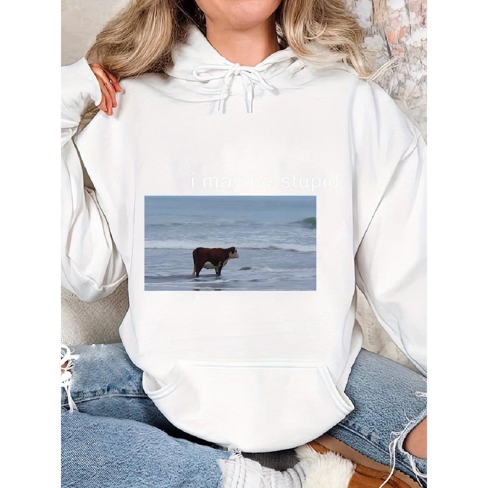 Я могу быть глупым. Смешной принт с коровами. Женское худи. Осень и зима. С длинным рукавом. Топ с круглым вырезом. Одежда.