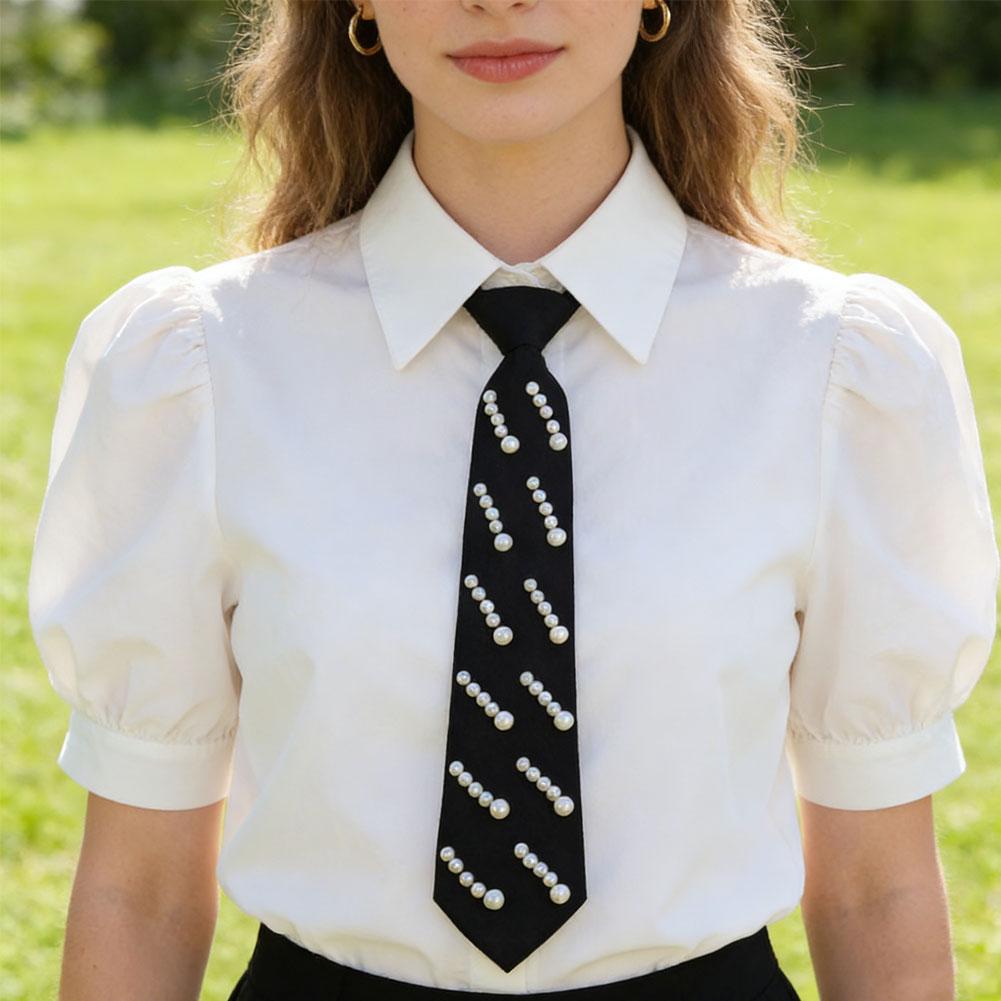 Elegant Preppy Style Women Pearl Tie Bead Long Necktie Versatile Academic College Shirt Necktie Uniform Accessories