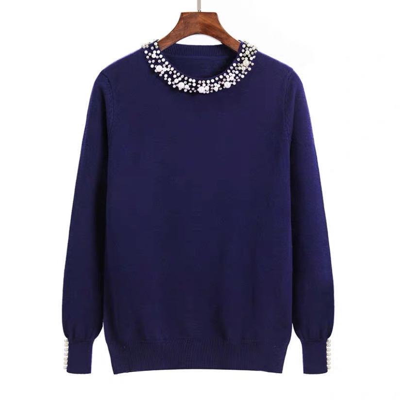 Korean Style Beaded Pullover Sweater for Women - Autumn/Winter Round Neck, Long Sleeve, Loose Fit, Slimming Knitwear, Elegant Base Layer Top