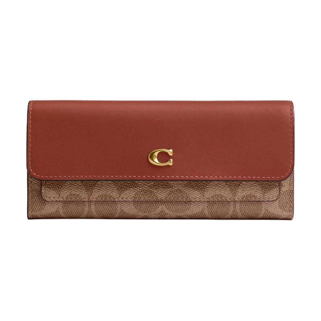 Coach Mila 19 Long Flap Folded Coated Canvas And Calfskin Wallet Women wallet Brass Caramel CAT55-B4XHG