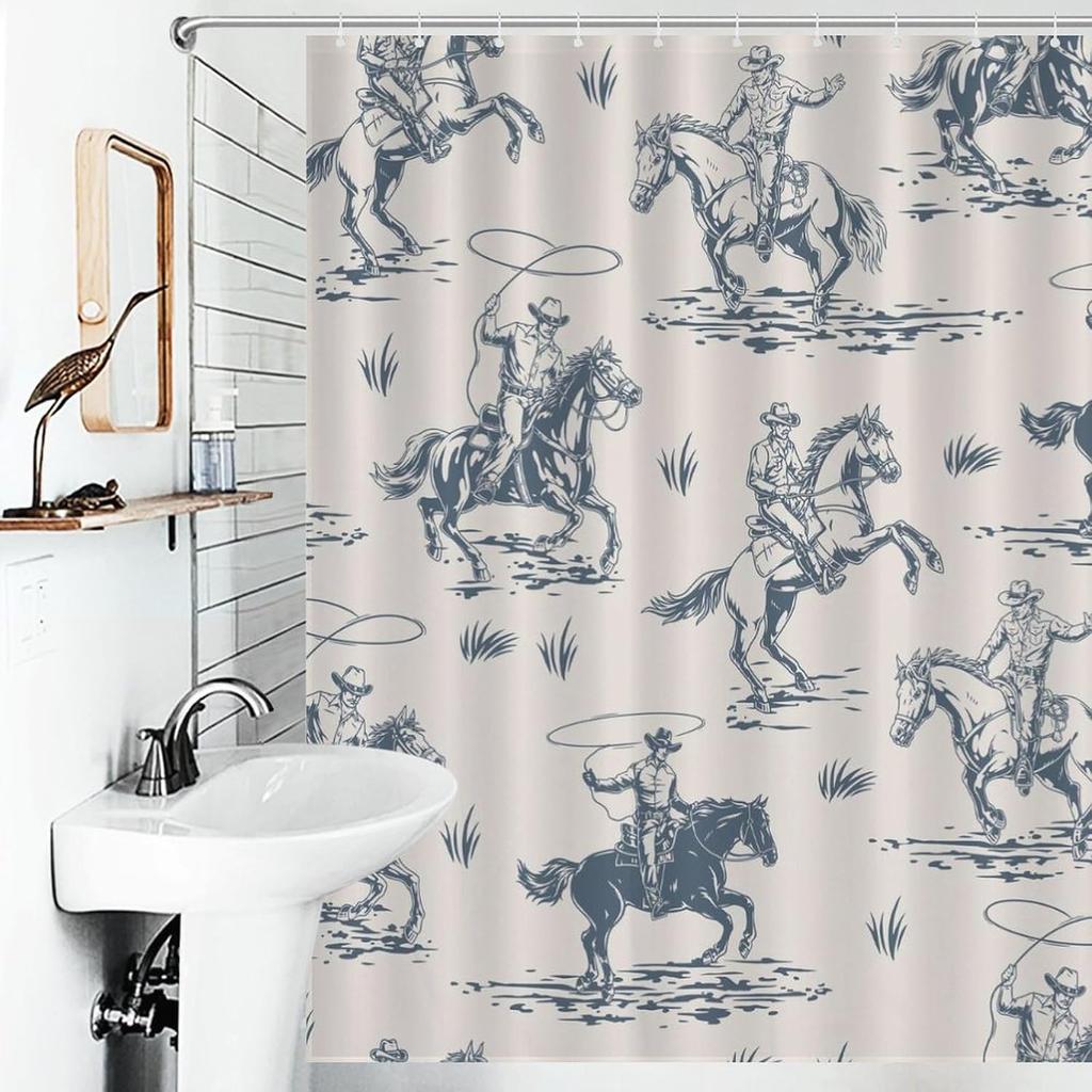 Western Shower Curtains for Bathroom, Cowboy Cartoon Decor Pattern Print Bath Drapes Set with Hooks, Waterproof Fabric Windows