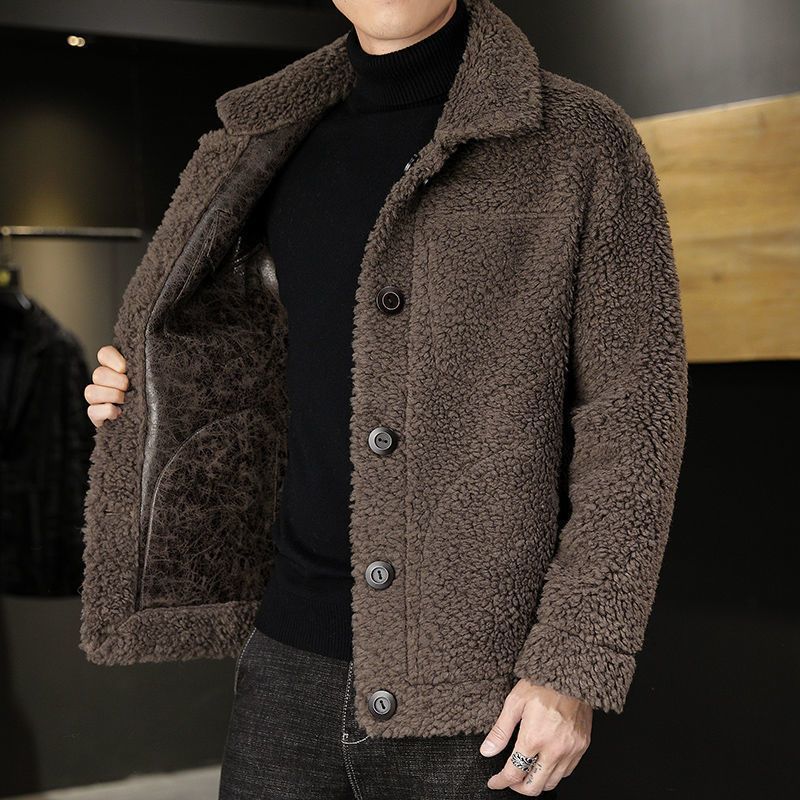 Зимняя мужская меховая цельная куртка с овечьей шерстью, двусторонний лацкан, приталенный топ